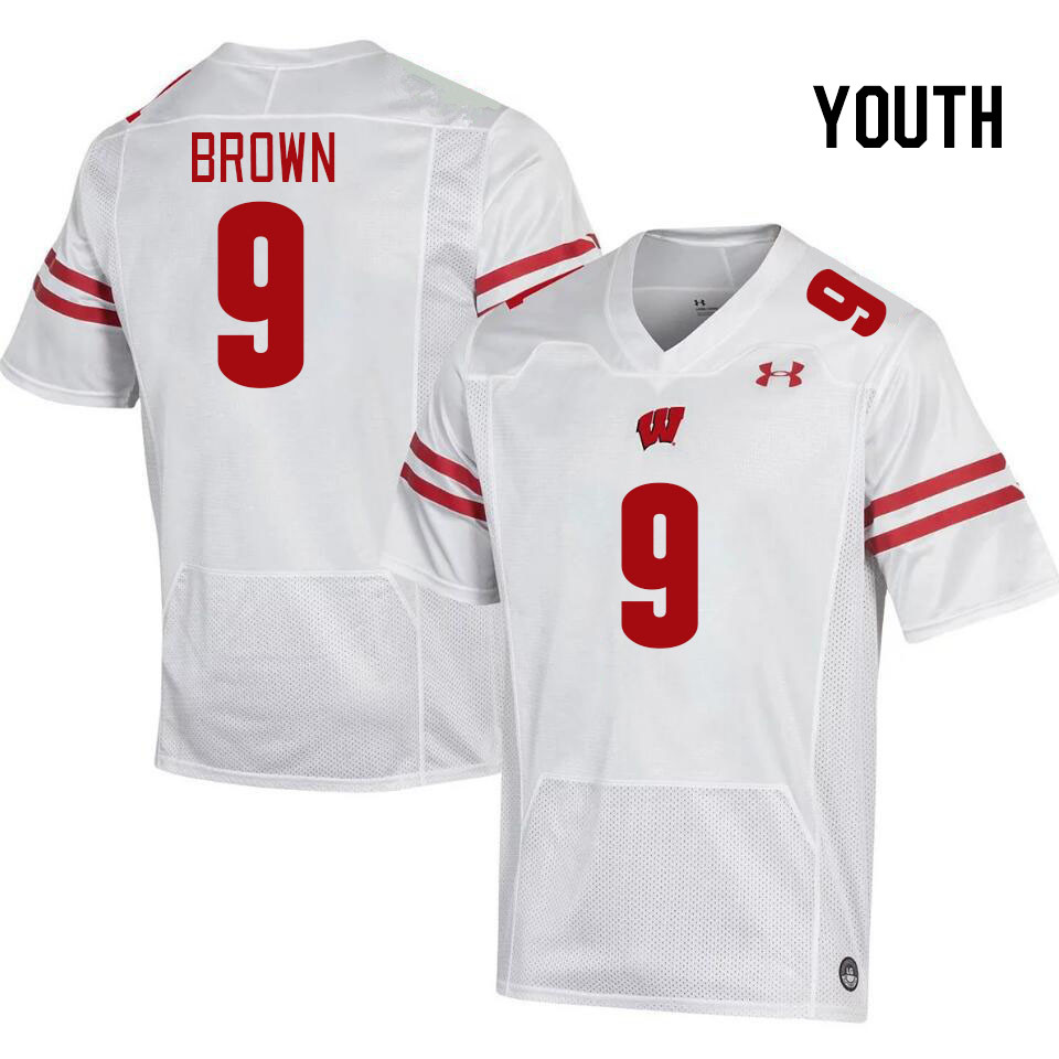 Youth #9 Austin Brown Winsconsin Badgers College Football Jerseys Stitched Sale-White - Click Image to Close